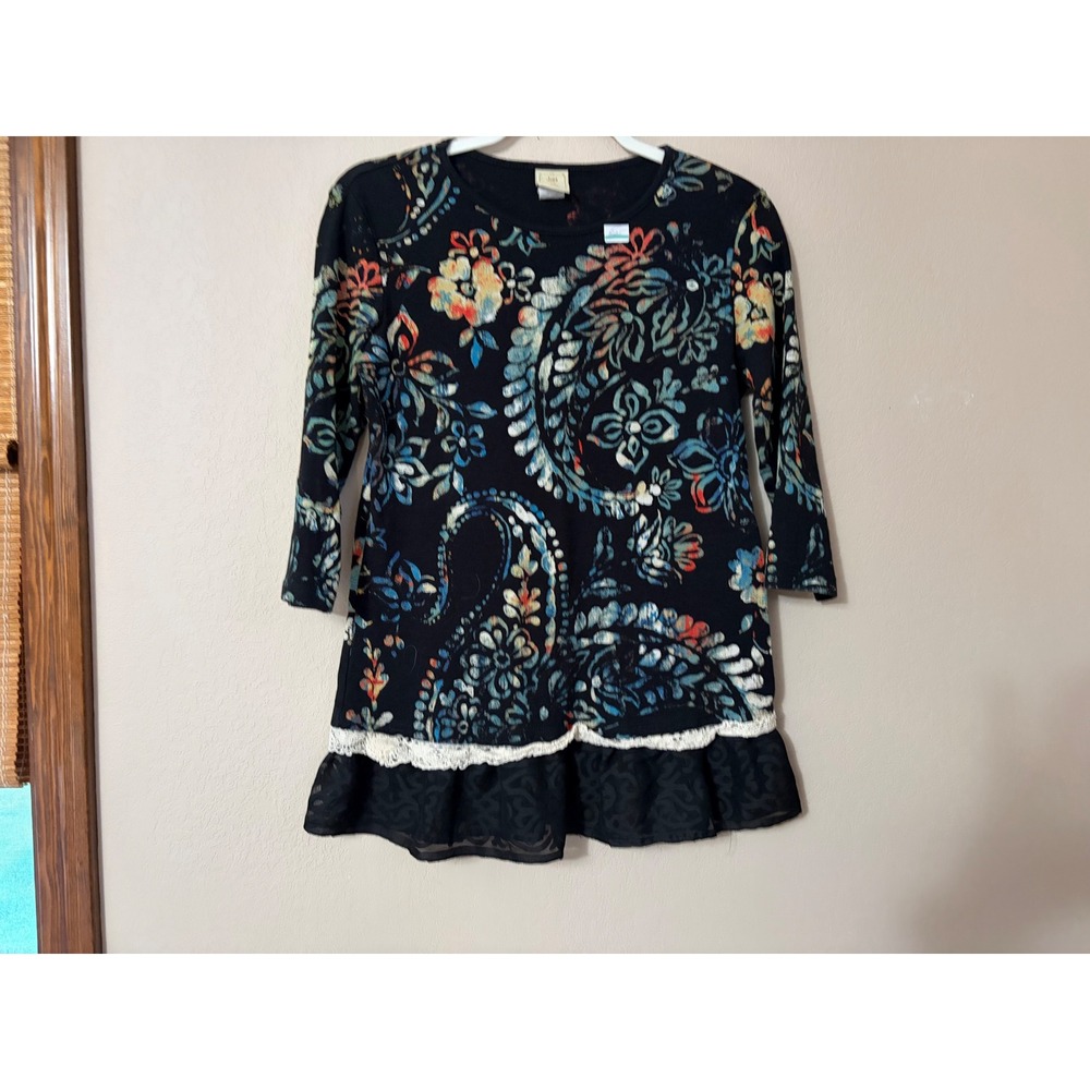 Jess & Jane Womens Paisley Floral Tunic Top 3/4 Sleeve Lace Ruffle Hem Black Sm